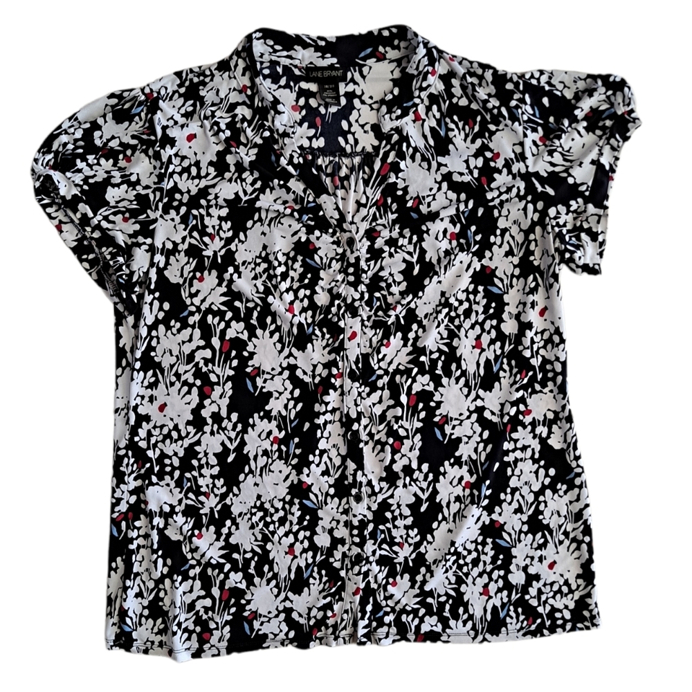 Lane Bryant boho floral Mandarin collar cap sleeve button up shirt, 18/20